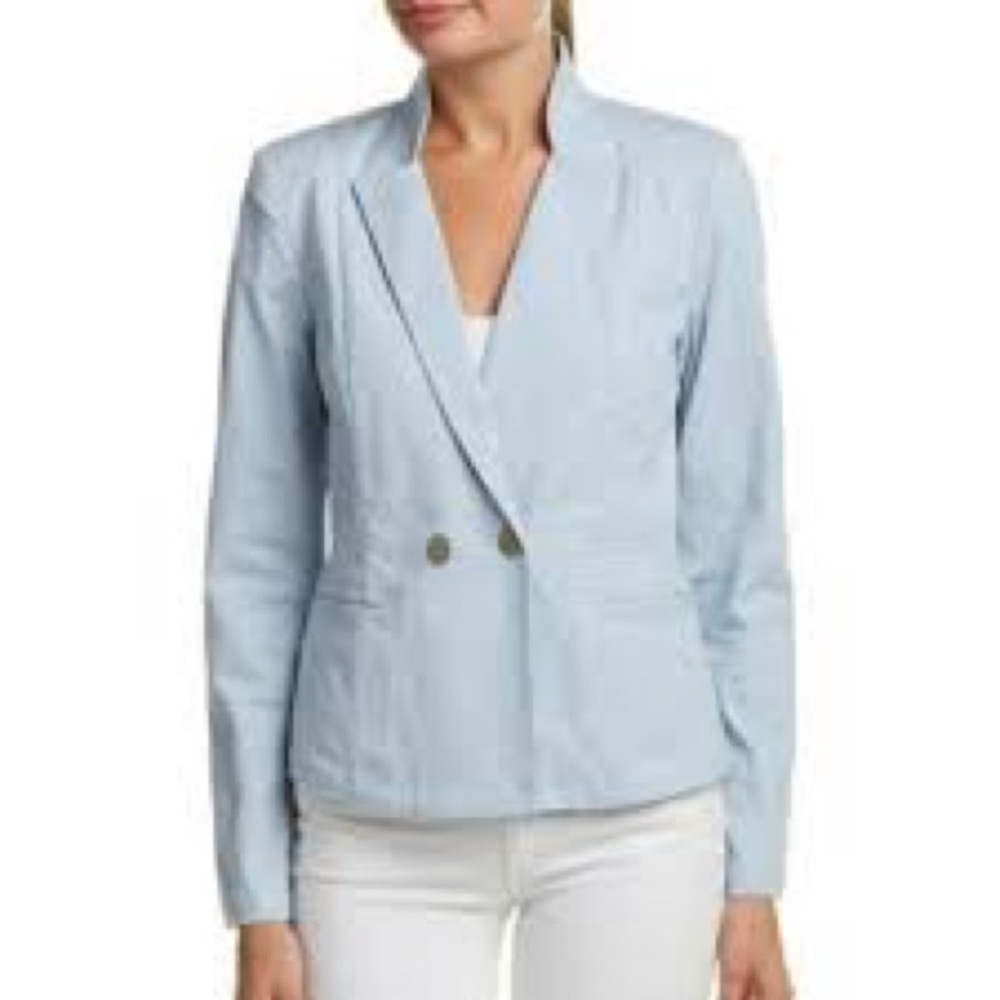 Cabi 725 light blue Call It A Day double button blazer, size 6.